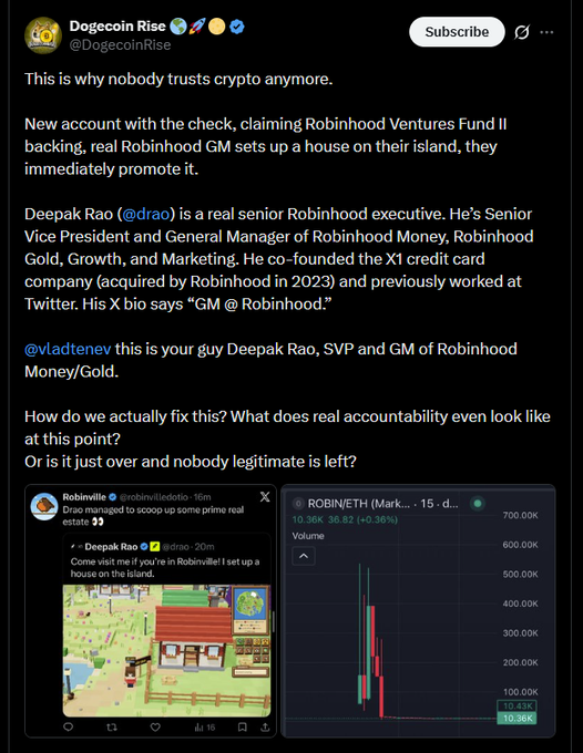 A Twitter/X post by @DogecoinRise discussing crypto skepticism, mentioning 'Robinhhood Ventures Fund II', tagging @drao and @vladtenev, and showing a chart for 'ROBIN/ETH' along with a screenshot of a Robinvilledosto tweet.