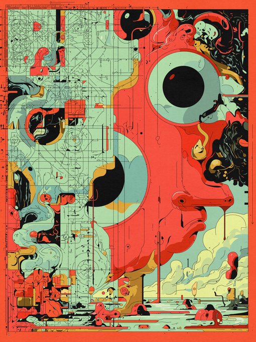 A complex abstract illustration featuring a large red face with bulging eyes, layered with technical blueprint-style line work and surreal organic shapes.