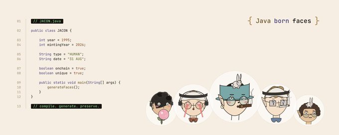 Graphic titled 'Java born faces' showing a code snippet defining a 'JACON' Java class with fields like 'year' (1995), 'mintingYear' (2020), and 'type' ("HUMAN"), next to chibi character avatars.