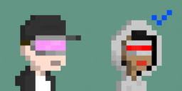 Pixel art showing two characters against a teal background: a man in black wearing a pink VR headset, and a person in a white hijab wearing a red VR headset with blue squiggly lines above their head.