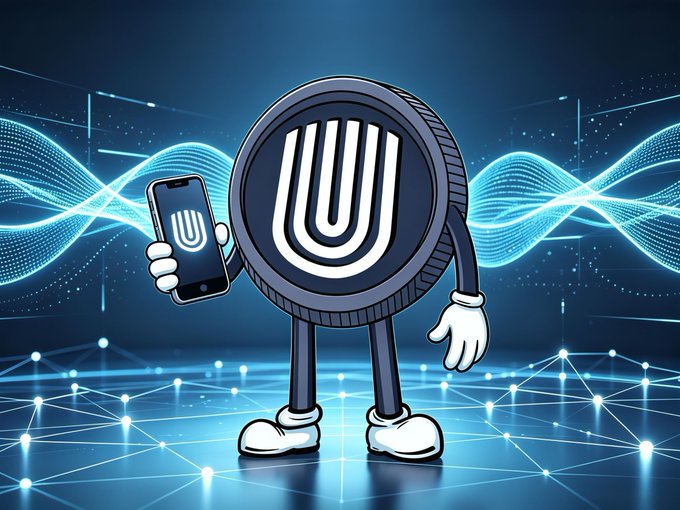 A cartoon mascot of a blue W-shaped coin character holding a smartphone on a futuristic blue digital background with wave patterns.