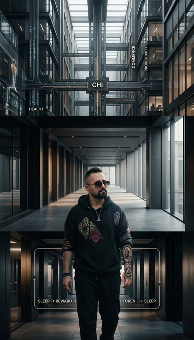 A stylized AI-generated image of a bearded man with sunglasses and tattoos wearing a black hoodie in a futuristic corridor, with text overlays including 'CHI', 'COMMERCE', 'PUBLIC HEALTH', 'SLEEP → REWARD →', and 'TOKEN → SLEEP'.