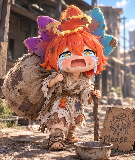 A chibi-style anime character with colorful spiky hair, tears streaming down their face, wearing tattered clothes and carrying a large sack while standing near a cardboard sign that reads 'Please...'