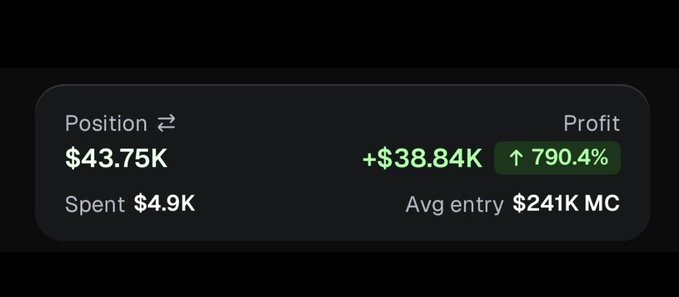 A trading dashboard displays a position worth $43.75K with $4.9K spent, showing a +$38.84K profit (+790.4%) at an average entry of $241K market cap. The image appears to promote $AGRIPPA token profits being shared with followers, though the dashboard does not explicitly mention the AGRIPPA ticker.