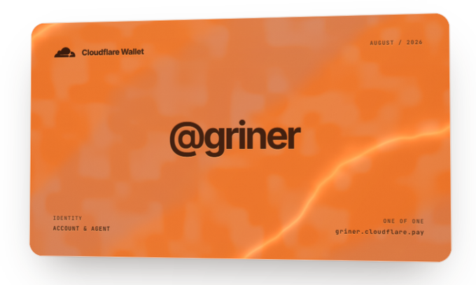 An orange digital card labeled 'Cloudflare Wallet' displaying the username '@griner', dated August / 2026, with the URL 'griner.cloudflare.pay'.