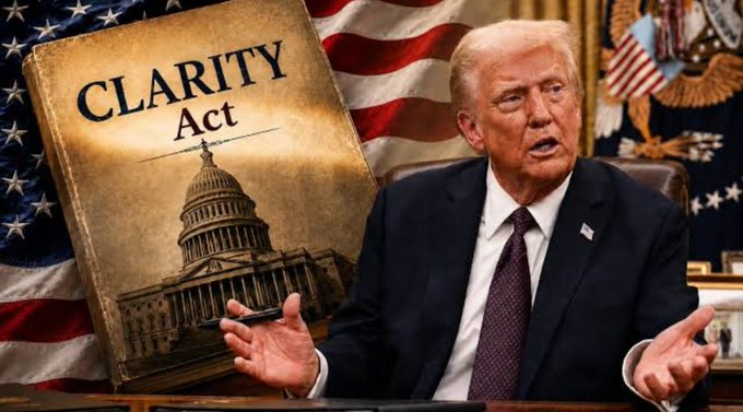 The image shows a book titled "CLARITY Act" featuring the U.S. Capitol, alongside Donald Trump, referencing the Senate's postponement of the Crypto CLARITY Act vote.