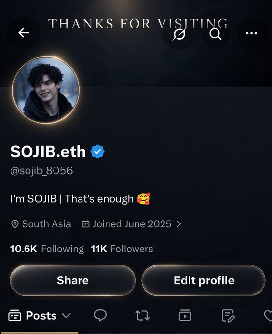An X/Twitter profile page for SOJIB.eth (@sojib_8056), a verified account with 10.6K Following and 11K Followers, based in South Asia and joined June 2025.