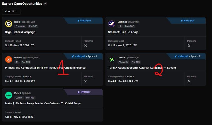 A screenshot of an 'Explore Open Opportunities' page showing various campaign listings, with a hand-drawn red number '1' pointing to the 'Primus' campaign and a red number '2' pointing to the 'TermiX Agent Economy' campaign.
