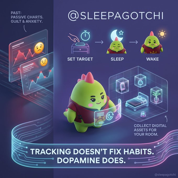 This promotional image for @SLEEPAGOTCHI contrasts the "past" approach of passive sleep charts causing "guilt & anxiety" with a gamified alternative featuring a green dinosaur character that guides users through "Set Target," "Sleep," and "Wake" stages while letting them "Collect digital assets for your room." The bold tagline reads "TRACKING DOESN'T FIX HABITS. DOPAMINE DOES," visually reinforcing the post's message about replacing anxiety-inducing data tracking with an engaging, reward-based system.