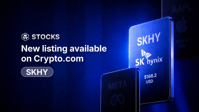 The image is a promotional graphic announcing SKHY (SK Hynix) as a new stock listing available on Crypto.com, displayed at $166.2 USD against a dark blue background featuring other listed stocks like AAPL and META. The design highlights the company's ticker, name, and logo to promote its addition to the platform alongside other semiconductor stocks such as NVDA, MU, AMB, and TSM.