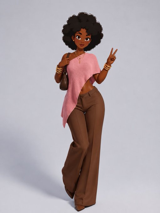 A digital illustration of a stylish Black woman with curly hair wearing a pink asymmetrical top, brown flared trousers, and gold jewelry, making a peace sign while holding a small brown handbag.