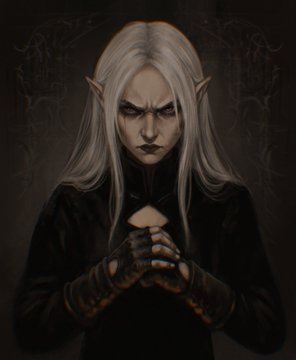 A digital portrait of a pale, pointed-eared elf-like figure with long silver hair and a stern expression, hands clasped in front of a dark outfit, fitting the post's "Wip & Art" theme as a dark fantasy character illustration work-in-progress.