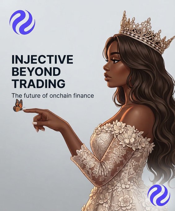 An Injective Protocol promotional graphic with the tagline "INJECTIVE BEYOND TRADING - The future of onchain finance," featuring an illustration of a dark-skinned woman wearing a jeweled crown and lace gown.