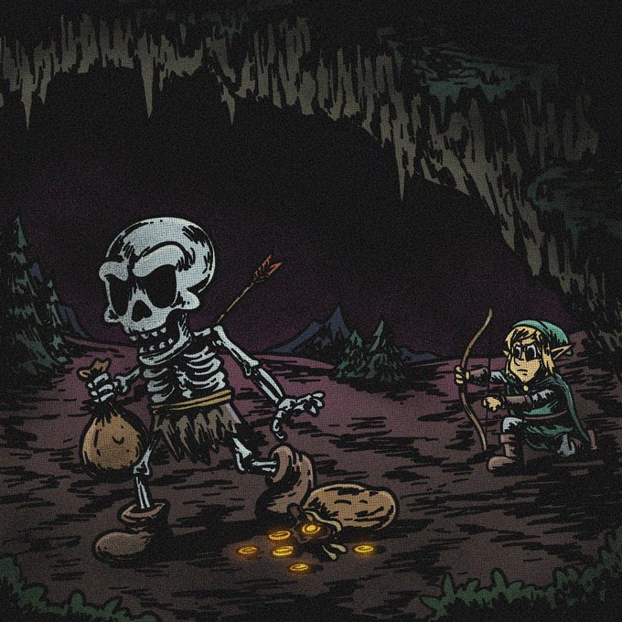 A skeleton with an arrow in its chest clutches a coin sack in a dark cave as a small Link-like archer aims at it, with golden coins spilling from a torn pouch on the ground—visually echoing the post's tale of cornered Wizard's minions and stolen treasure tied to the $GOG token launch.