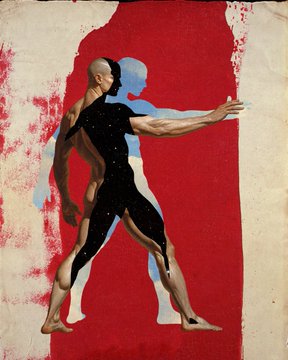 This piece by @mendezmendez depicts a figure with a black, starry-textured torso and skin-toned limbs against a red background, illustrating the '1/1' and edition styles featured in the collection for the artist's new drop on July 30.
