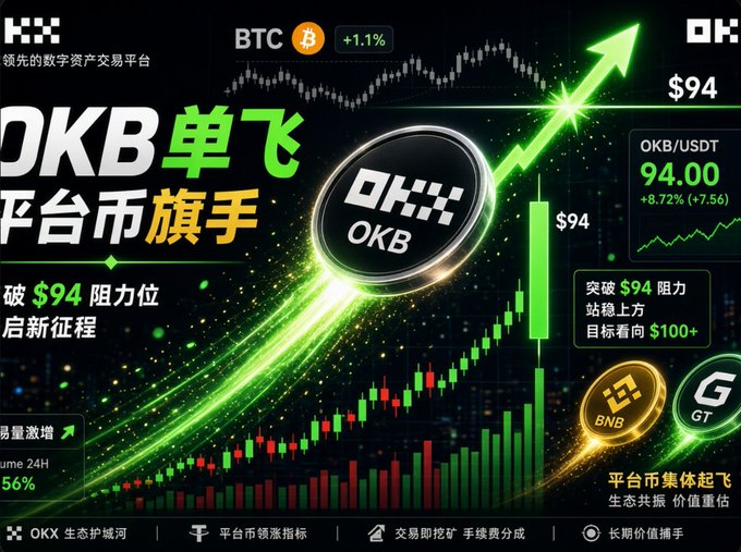 A promotional cryptocurrency graphic in Chinese for OKX exchange highlighting OKB token at $94 with +8.72% (+7.56) gains, featuring a green upward arrow, BTC +1.1% indicator, candlestick charts, and targets toward $100+, with BNB and GT tokens shown.
