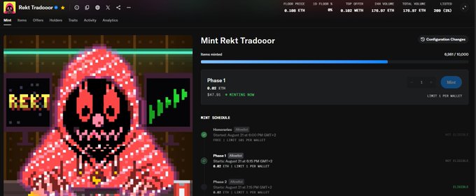 A screenshot of the Rekt Tradooor NFT mint page showing a pixelated red-hooded skull character, with a floor price of 0.100 ETH, volume of 176.87 ETH, and a mint schedule for August 21st.