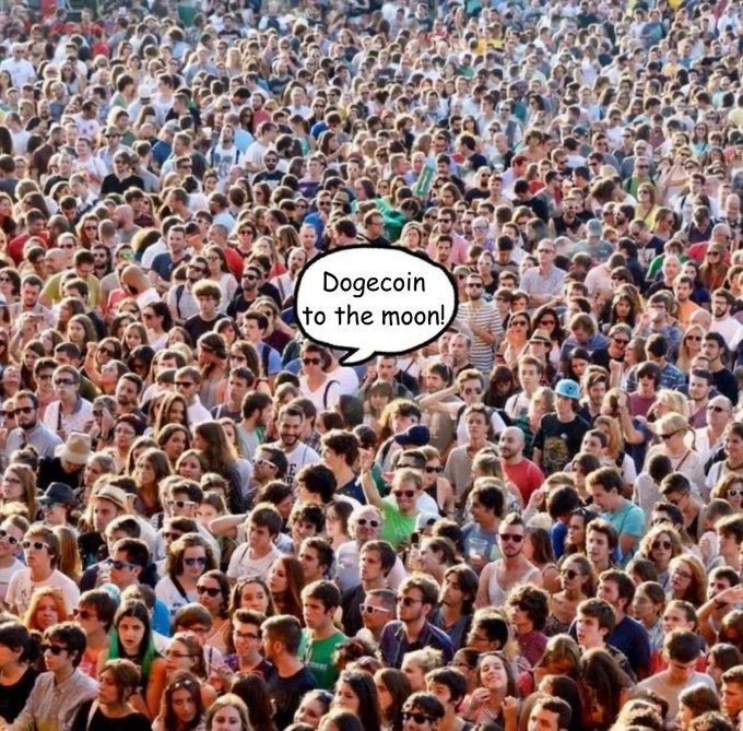 A large outdoor crowd photo with a single speech bubble above the masses reading 'Dogecoin to the moon!'