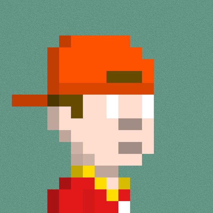 A pixel art portrait of a character with pale skin, closed eyes, and a red cap, wearing a red and yellow outfit against a green background.