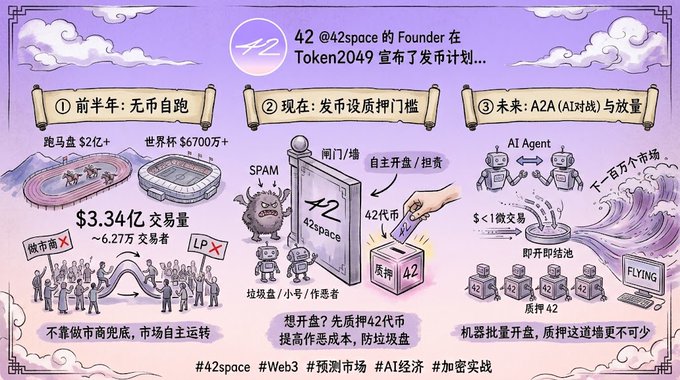 An illustrated infographic in Chinese detailing the token issuance plans of 42 @42space Founder at Token 2049, outlining three stages with hashtags including #42space, #Web3, and #AI经济.