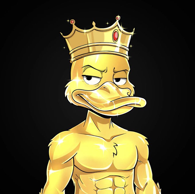 A cartoon illustration of a muscular yellow duck wearing a golden crown with red jewels, standing against a black background with a confident, smirking expression.