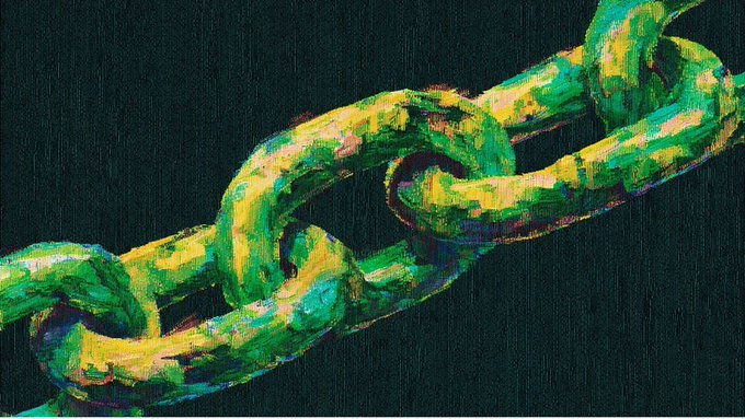 The image features a chain with green links, which appears to be a painting or artwork rather than a physical object. The chain has been rendered in various shades of green, creating an interesting visual effect. The painting seems to be done in a realistic style, capturing the details and colors of the chain. The post discussing blockchain technology is related to the image as it highlights the importance of simplicity and ease of use when launching new applications or projects, just like how the artist has managed to create a visually appealing piece with minimal complexity.
