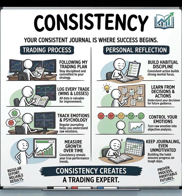The image is an infographic titled "CONSISTENCY" with the tagline "YOUR CONSISTENT JOURNAL IS WHERE SUCCESS BEGINS," highlighting two key pillars of trading success: "TRADING PROCESS" (following the trading plan, logging wins/losses, tracking emotions, measuring growth) and "PERSONAL REFLECTION" (building discipline, learning from decisions, controlling emotions, keeping an unmotivated journal).

The bottom banner reinforces the message with "CONSISTENCY CREATES A TRADING EXPERT" and "REGULAR EFFORT = RELIABLE RESULTS / PROVEN PROCESS = PROFITABLE FUTURES," directly supporting the post's emphasis that consistency is a trader's most powerful tool for long-term success.