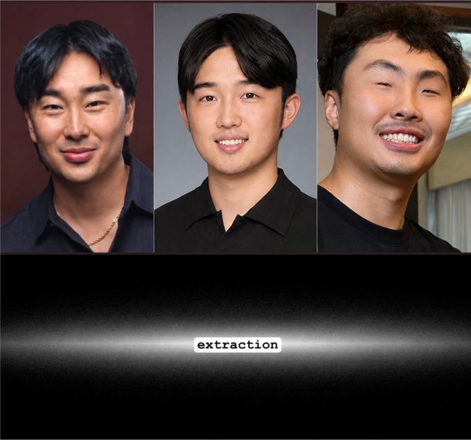 The image shows three headshots of Asian men above a dark, gradient background with the word "extraction" in a label box. The caption "Do you notice anything?" combined with the label suggests a comparison highlighting similarities between the two CEOs (Axiom Exchange and fomo), implying that one of the images may be an AI-generated extraction or likeness of the others.