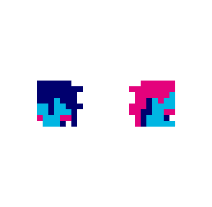 Two pixelated Tetris-style icon designs on a white background - the left features dark blue and cyan blocks, the right features magenta and cyan blocks.