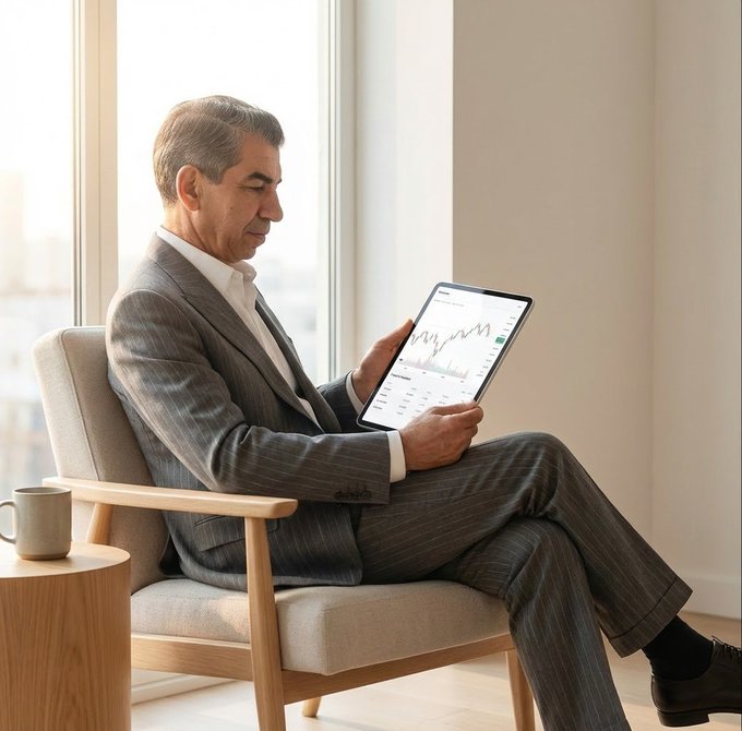 A businessman in a gray suit sits in a light wood armchair by a window, reviewing a line chart on his tablet. The steady, stable trend shown on the chart visually reinforces the post's message that "$BTC is stable and Alts are waiting" as a new trading week begins.