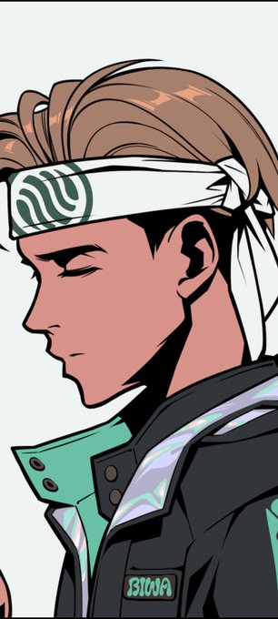Side profile illustration of a brown-haired anime character with closed eyes, wearing a white headband and a teal and black jacket with 'BIJOU' text on the strap.