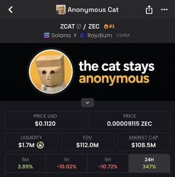 A screenshot from a meme coin tracker displays "Anonymous Cat" ($ZCAT) on the ZEC network with a $108.5M market cap and $1.7M liquidity, alongside a tagline reading "the cat stays anonymous." The image supports the post's claim about the developer's portfolio, showing $ZCAT as a high-cap (~$108M) project compared to the much smaller $apewifdress.