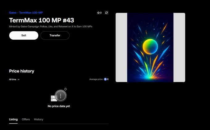 The image shows a screenshot of a computer screen with the title "TermMax 100 MP #43" displayed at the top, likely representing a product or service being listed for sale online. There are two photographs included in the screenshot, one depicting a large explosion surrounded by bright colors and another showing an abstract design on a white background. The first photograph is near the center of the screen with the term "TermMax" visible, while the second photo is situated more towards the right side with a yellow circle located in the middle. The posts also provide information about NFTs (Non-Fungible Tokens) and price history for the item being sold.