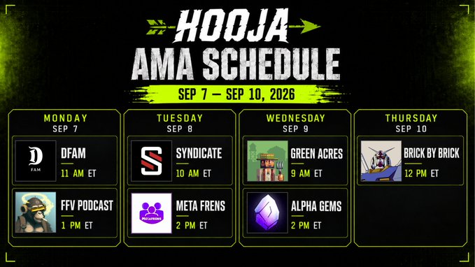 The image displays the "HOOJA AMA SCHEDULE" for September 7-10, 2026, featuring appearances across Monday through Thursday with hosts DFAM (11 AM ET), FFV Podcast (1 PM ET) on Monday, Syndicate (10 AM ET) and Meta Frens (2 PM ET) on Tuesday, Green Acres (9 AM ET) and Alpha Gems (2 PM ET) on Wednesday, and Brick by Brick (12 PM ET) on Thursday, all times in ET. The graphic expands on the post by visualizing the full week of community tour stops in a bold black and green color scheme.