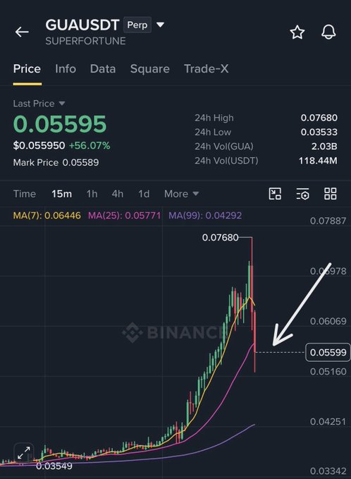 A Binance trading chart for GUAUSDT perpetual contract showing a last price of 0.05595, up 56.07%, with an arrow pointing to a key support level near 0.05599.