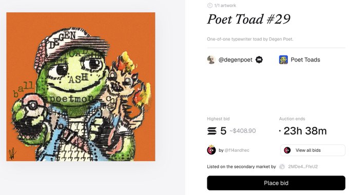 An NFT auction page for "Poet Toad #29" by @degenpoet (Poet Toads collection), showing a current highest bid of approximately 5 ETH ($408.90) with 23h 38m remaining.