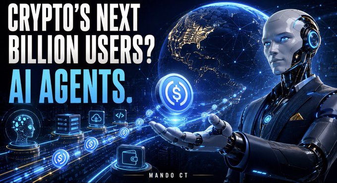 A futuristic AI robot in a suit holds a glowing stablecoin while interconnected digital networks and currency icons surround it, with text reading "CRYPTO'S NEXT BILLION USERS? AI AGENTS." by Mando CT, visually representing how AI agents are becoming automated crypto users transacting with stablecoins like USDC via platforms such as Coinbase's x402.