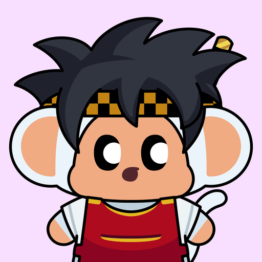 A cartoon monkey character with black spiky hair, a gold checkered headband, and a red outfit against a pink background.
