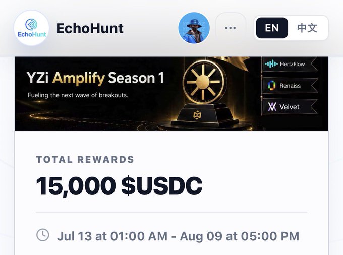 The image shows a promotional banner for YZi Amplify Season 1 with 15,000 $USDC in total rewards, featuring three projects: HertzFlow, Renaiss, and Velvet, running from July 13 to August 9.