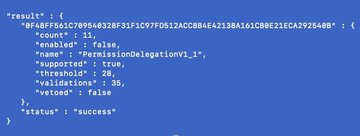 A JSON response showing a successful transaction delegation API call with transaction hash 0x2ABFF561C709549B32BF31F1C97FD612ACBBA4EA2138A161CB0E211CA2925408, block count 11, and 35 validations, related to an XRP delegation on the network.