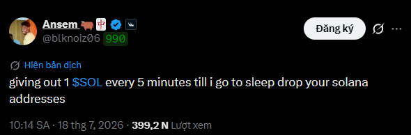 A tweet by Anscem (@blknoiz06) from July 18, 2026, stating 'giving out 1 $SOL every 5 minutes till i go to sleep drop your solana addresses.'