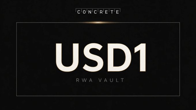A dark promotional graphic displays "CONCRETE" at the top with "USD1" in large bold text inside a framed border, accompanied by the subtitle "RWA VAULT." The design visually reinforces the post's message about USD1 integrating with Concrete's RWA Vault to access diversified real-world yield opportunities onchain.