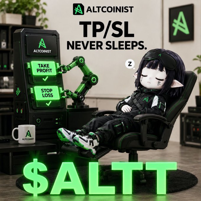 An Altcoinist promotional graphic features an anime-style elf character sleeping in a gaming chair, with "TP/SL NEVER SLEEPS" and "$ALTT" branding, alongside Take Profit and Stop Loss controls.