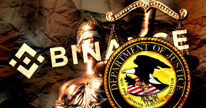 A Binance cryptocurrency promotional image featuring the scales of justice, the Department of Justice seal with an eagle, and the text 'BINANCE' on a crumpled brown background.