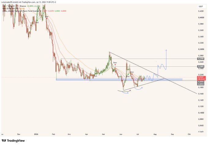 A TradingView daily chart of the CRV/USDT pair on Binance shows the price compressing above a blue demand box near $0.20–$0.22 within a descending wedge pattern, with the analyst's blue projection arrows indicating a potential bullish breakout toward $0.27–$0.28—aligning with the post's plan to watch for further consolidation before entering a swing long.