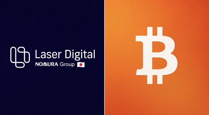 Split graphic showing the Laser Digital Nomura Group logo on a dark blue background alongside the Bitcoin (₿) symbol on an orange background.