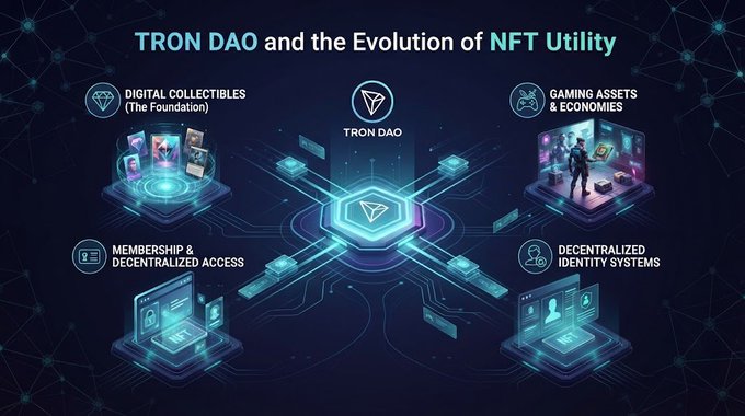 An infographic titled 'TRON DAO and the Evolution of NFT Utility' displays a central TRON DAO hub connected to four pillars: Digital Collectibles, Gaming Assets & Economies, Membership & Decentralized Access, and Decentralized Identity Systems.