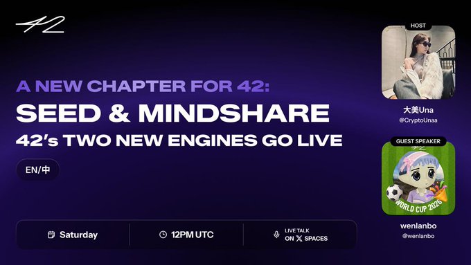 Promotional graphic for a 42 (@42space) Twitter/X Space titled "A NEW CHAPTER FOR 42: SEED & MINDSHARE — 42's TWO NEW ENGINES GO LIVE," hosted by 大头Una (@CryptoUnasa) with guest speaker wenlanbo (@wenlanbo), airing Saturday at 12PM UTC in EN/中, teasing upcoming announcements teased in the post.