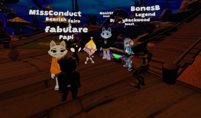 Screenshot from a virtual game featuring avatars named MissBurs, fabulare, BonesB, Moniro7, and Backwood in a dark setting.
