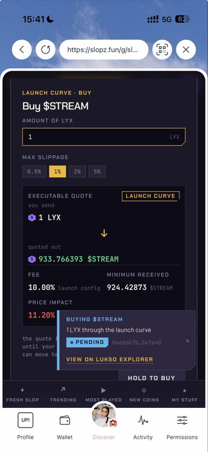 A mobile screenshot from slopz.fun showing a Launch Curve buy interface for $STREAM token, with a pending transaction to buy 1 LYX through the launch curve at 1% slippage.